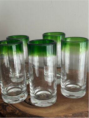Hand-Blown Mexican Style Green Rim Glass Tumblers, set of 5